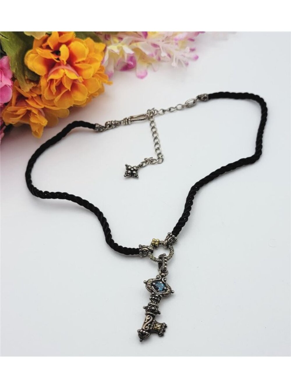 Barbara Bixby 18K Gold Sterling Silver Blue Topaz Cross Cord Necklace 20 in